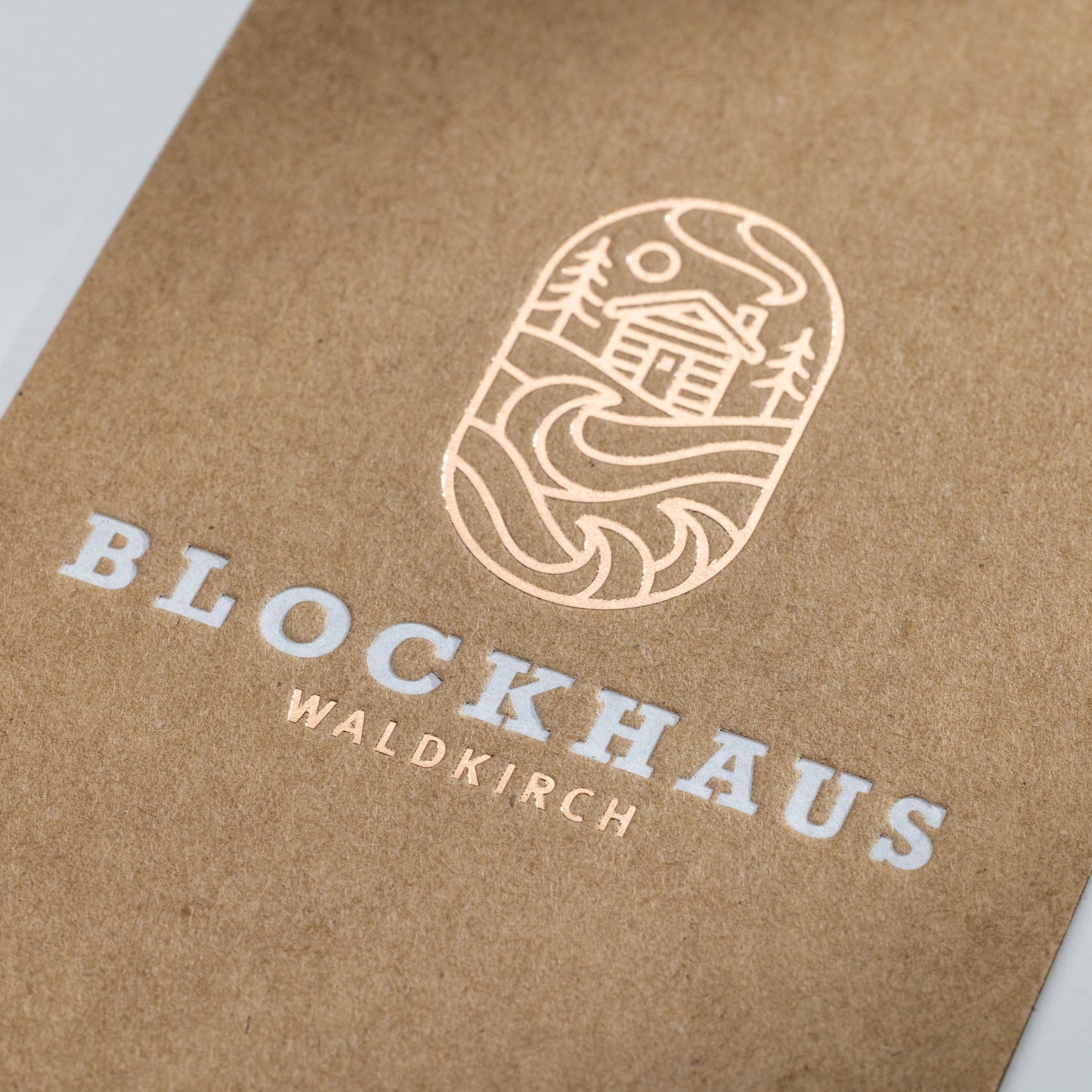 Visitenkarten auf Kraftkarton mit zweifarbiger Heißfolienprägung: Beispiel BLOCKHAUS