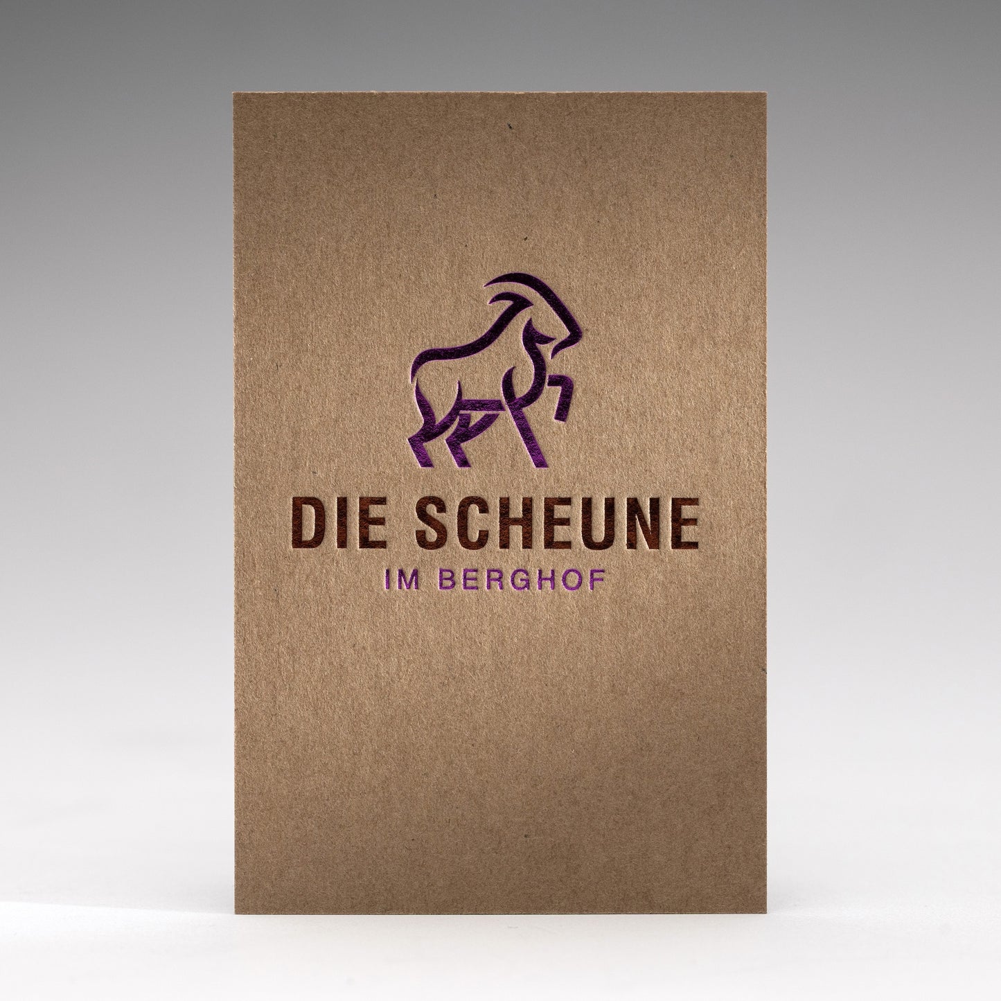 Visitenkarte auf Kraftkarton mit Heißfolienprägung: Beispiel DIE SCHEUNE IM BERGHOF